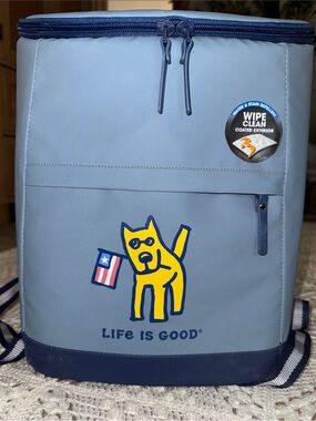 Life Is Good Blue‎ Backpack with Yellow Dog and Flag Graphic